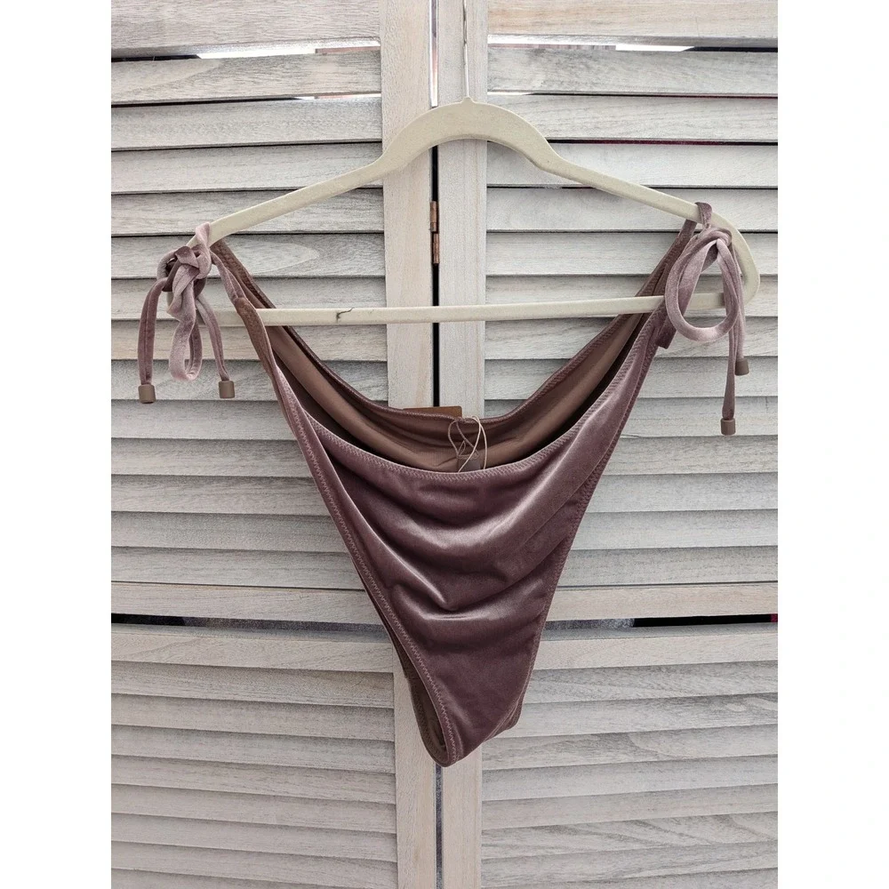 SKIMS Stretch Velvet Tie Tanga Bikini Bottom Smokey Taupe‎ 4X NWT